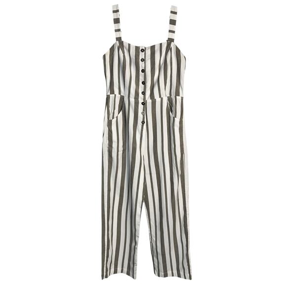 RVCA Striped Button Front Jumpsuit Women’s Size L 12 Adjustable Straps Pockets - Picture 7 of 7